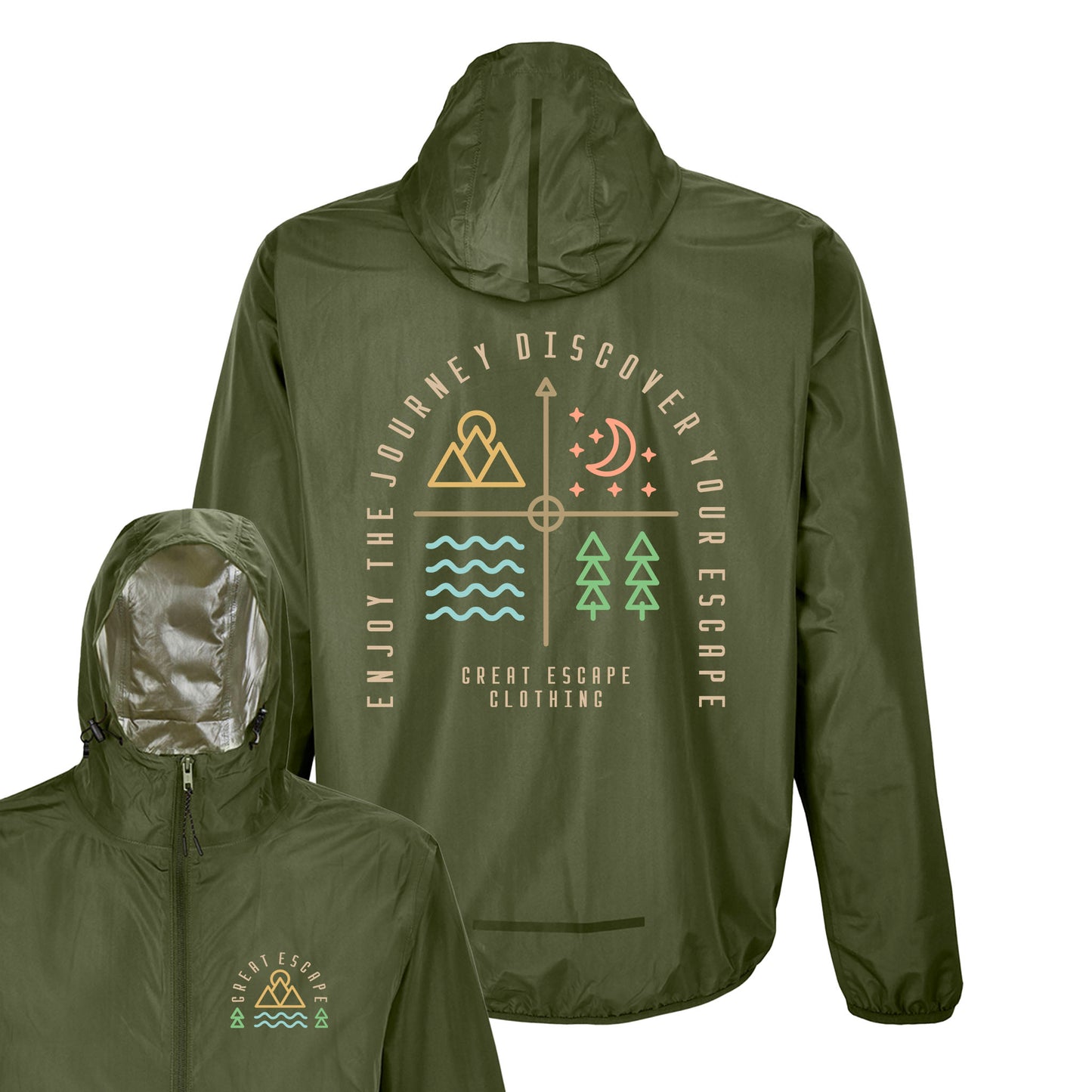 Recycled Enjoy The Journey, Discover Your ESCAPE Khaki Waterproof Windbreaker Jacket