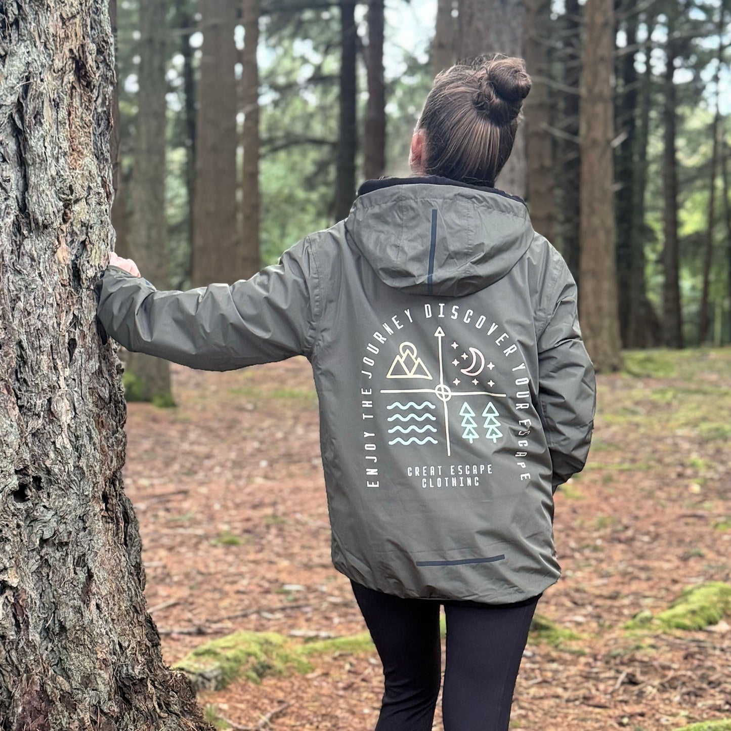 Recycled Enjoy The Journey, Discover Your ESCAPE Khaki Waterproof Windbreaker Jacket