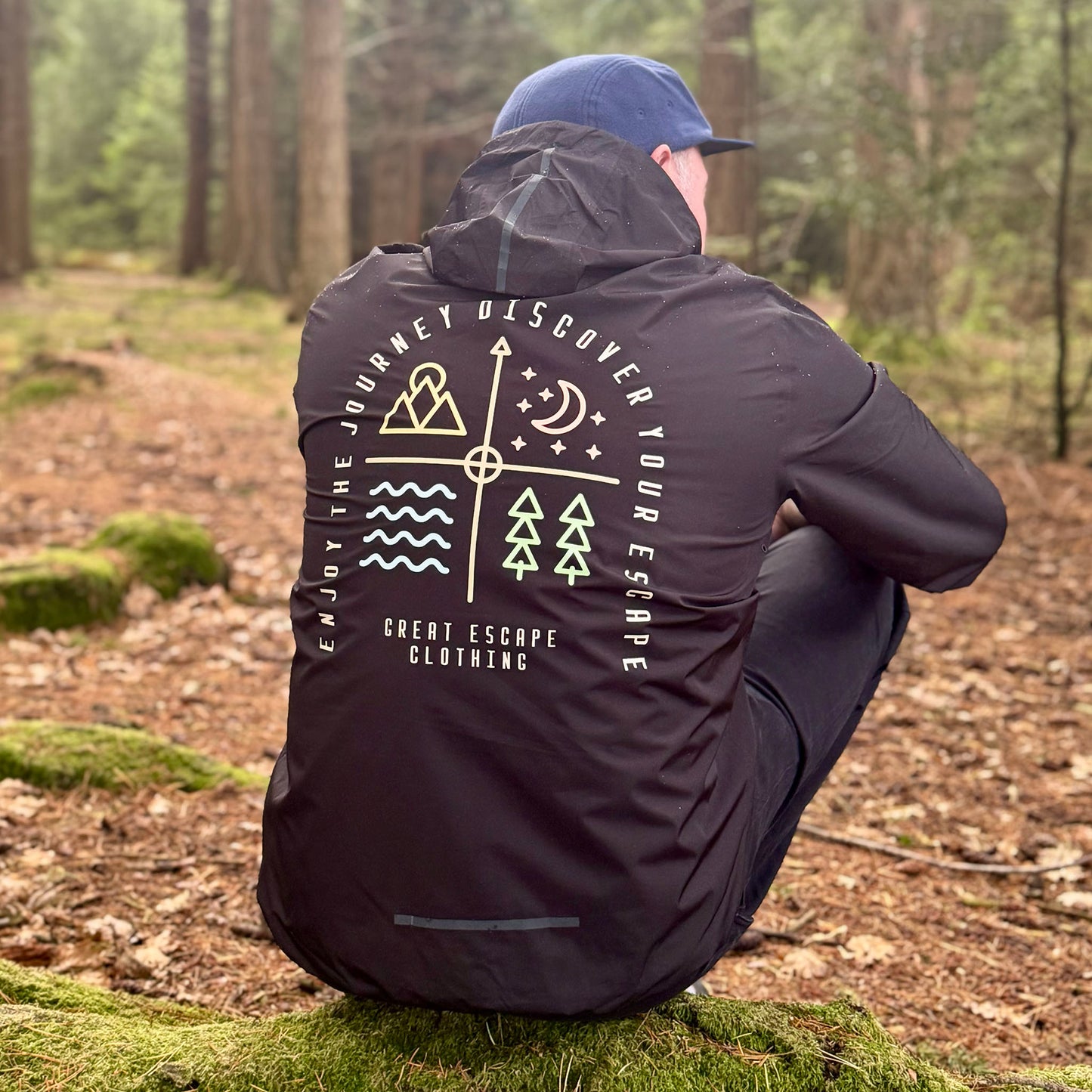 Recycled Enjoy The Journey, Discover Your ESCAPE Black Waterproof Windbreaker Jacket